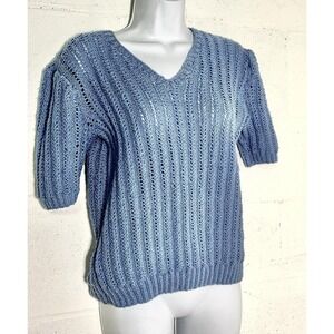 Vtg short-sleeved ribbed knit sweater Blue sideways baby Stich Hand Knit 1980s